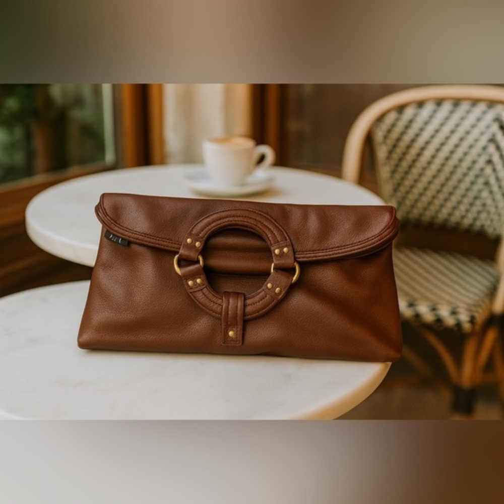Liz Claiborne Foldover Clutch/Round Handle Leather Bag EUC 12" W x 1" D x 9.5" L